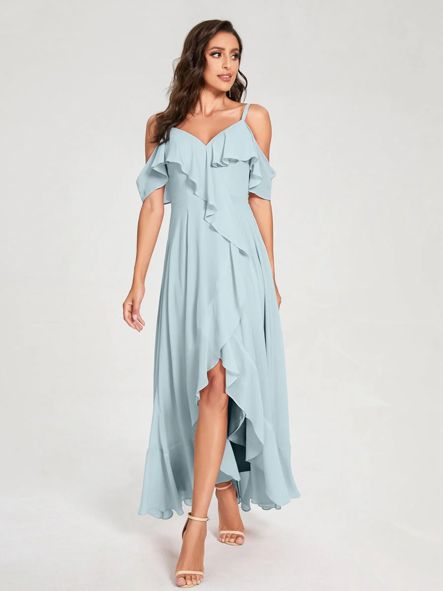 A-Line/Princess Spaghetti Straps V-Neck Short Sleeves Asymmetrical Bridemaid Dresses With Ruffles - Image 47