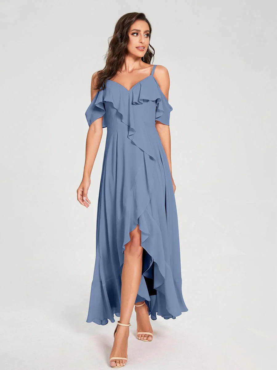 A-Line/Princess Spaghetti Straps V-Neck Short Sleeves Asymmetrical Bridemaid Dresses With Ruffles - Image 51
