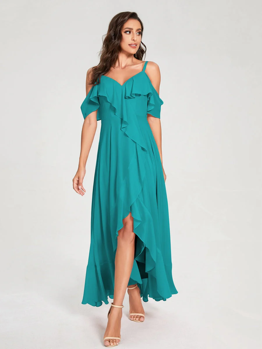 A-Line/Princess Spaghetti Straps V-Neck Short Sleeves Asymmetrical Bridemaid Dresses With Ruffles - Image 52
