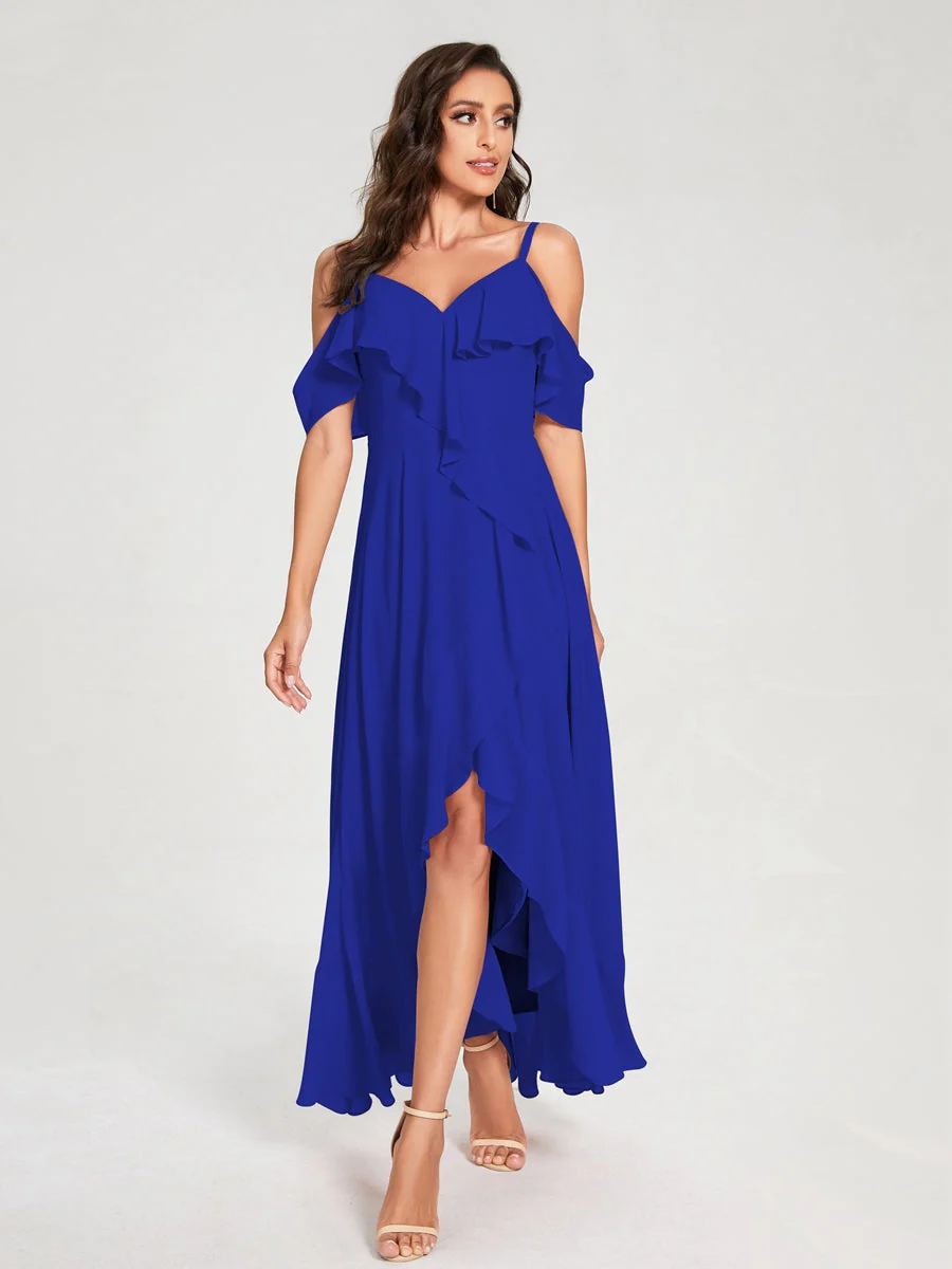A-Line/Princess Spaghetti Straps V-Neck Short Sleeves Asymmetrical Bridemaid Dresses With Ruffles - Image 55