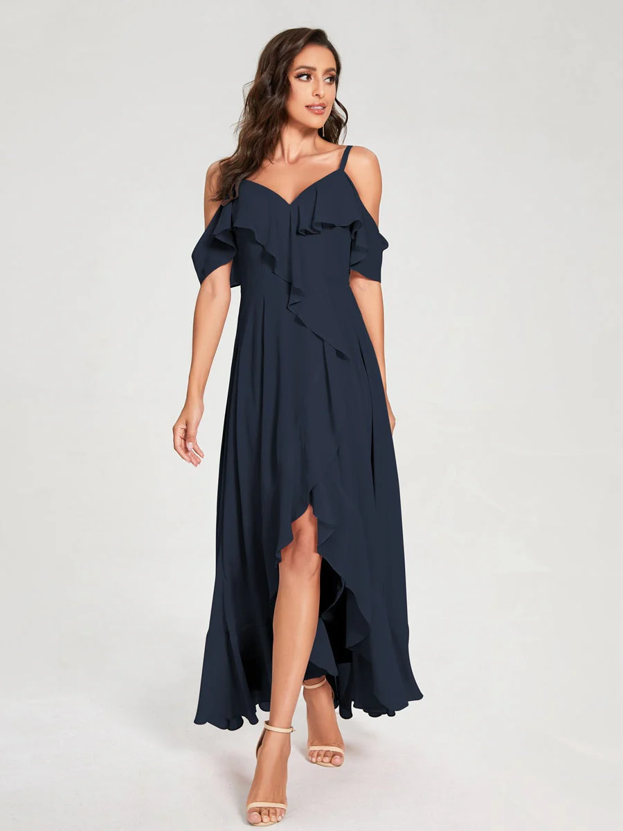 A-Line/Princess Spaghetti Straps V-Neck Short Sleeves Asymmetrical Bridemaid Dresses With Ruffles - Image 59
