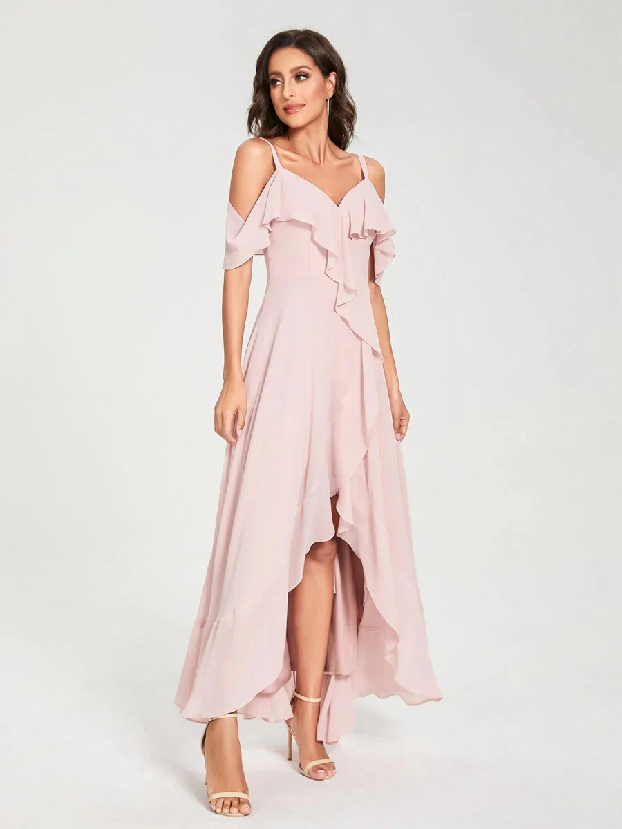 A-Line/Princess Spaghetti Straps V-Neck Short Sleeves Asymmetrical Bridemaid Dresses With Ruffles - Image 6