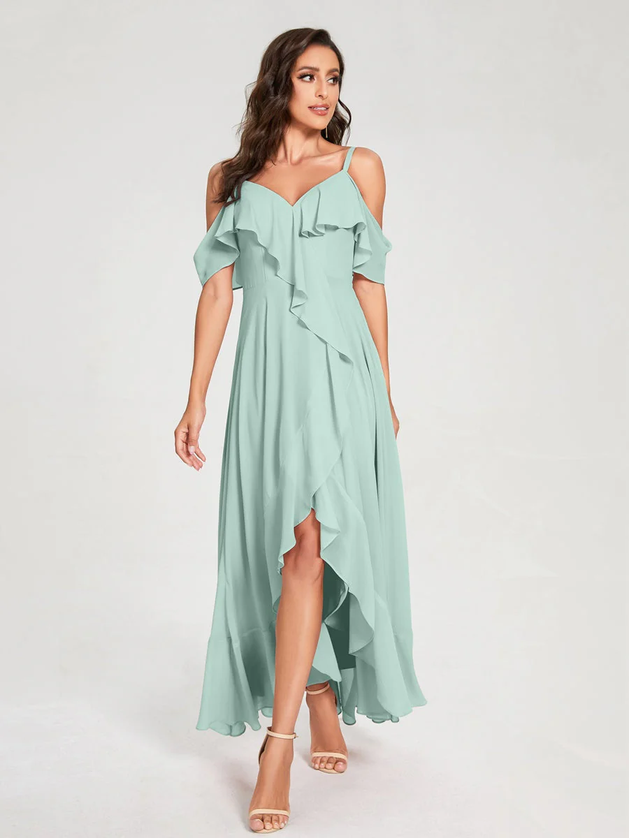 A-Line/Princess Spaghetti Straps V-Neck Short Sleeves Asymmetrical Bridemaid Dresses With Ruffles - Image 60