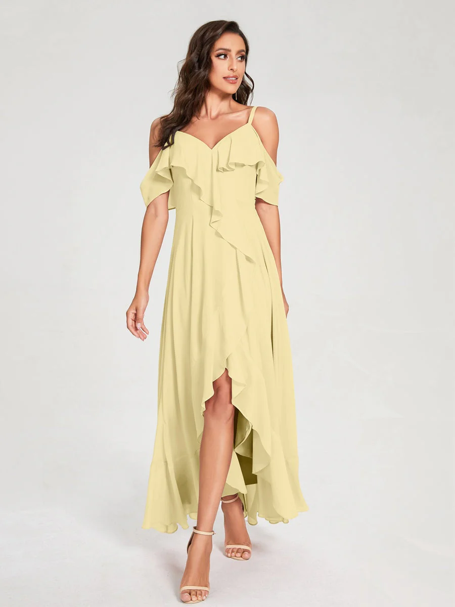 A-Line/Princess Spaghetti Straps V-Neck Short Sleeves Asymmetrical Bridemaid Dresses With Ruffles - Image 68