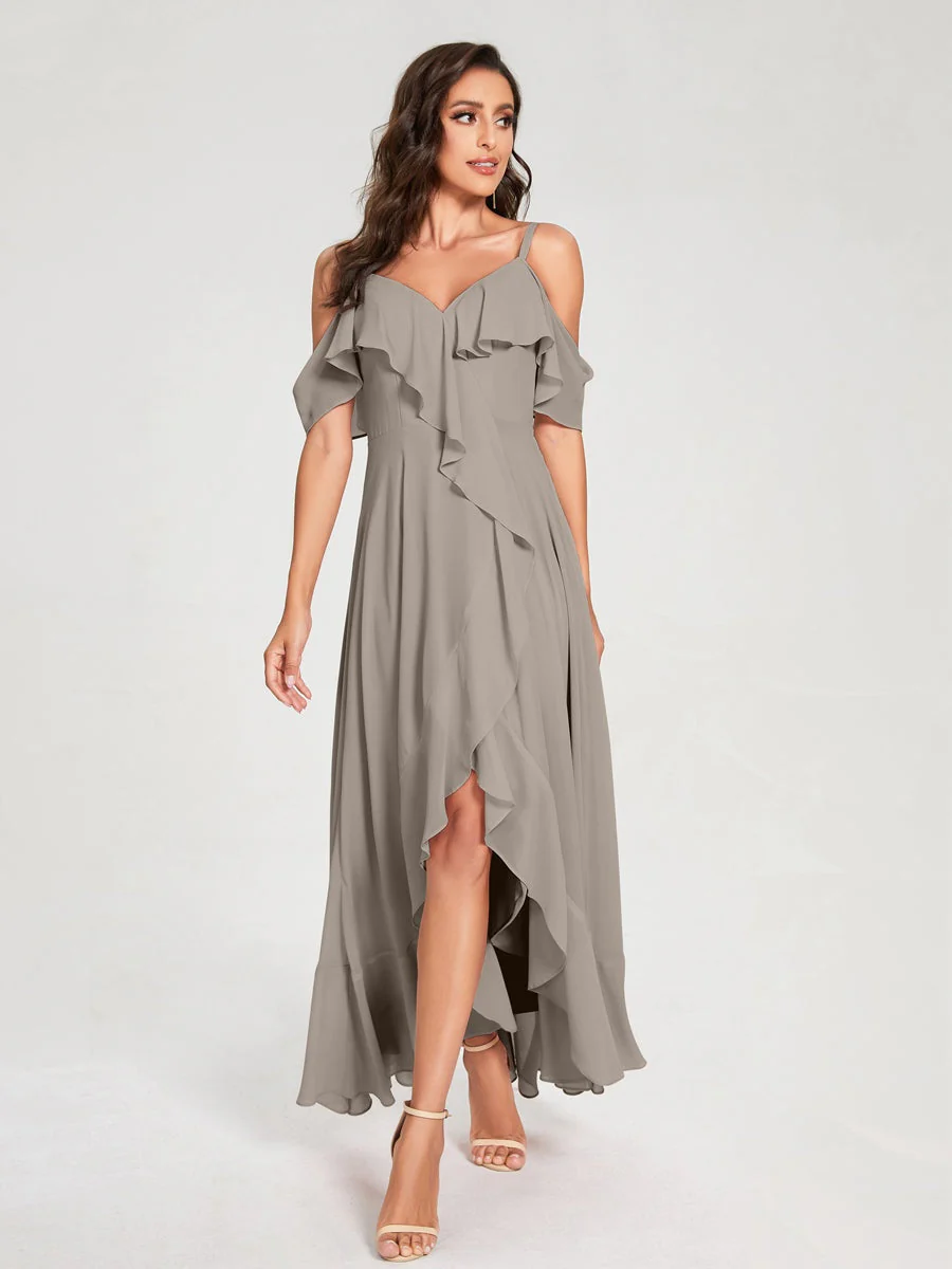 A-Line/Princess Spaghetti Straps V-Neck Short Sleeves Asymmetrical Bridemaid Dresses With Ruffles - Image 73