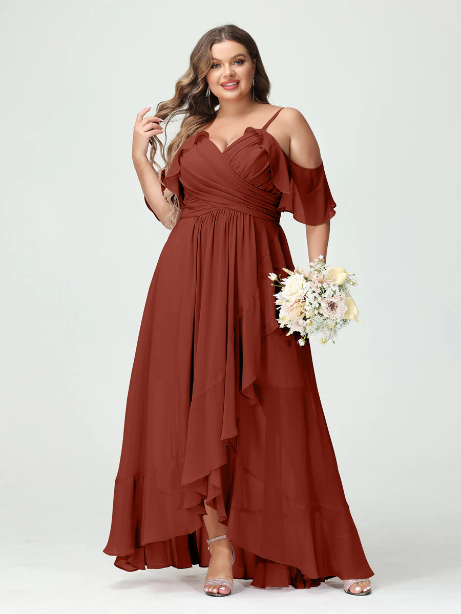 A-Line/Princess Spaghetti Straps V-Neck Short Sleeves Chiffon Asymmetrical Plus Size Bridesmaid Dresses with Ruffles - Image 14