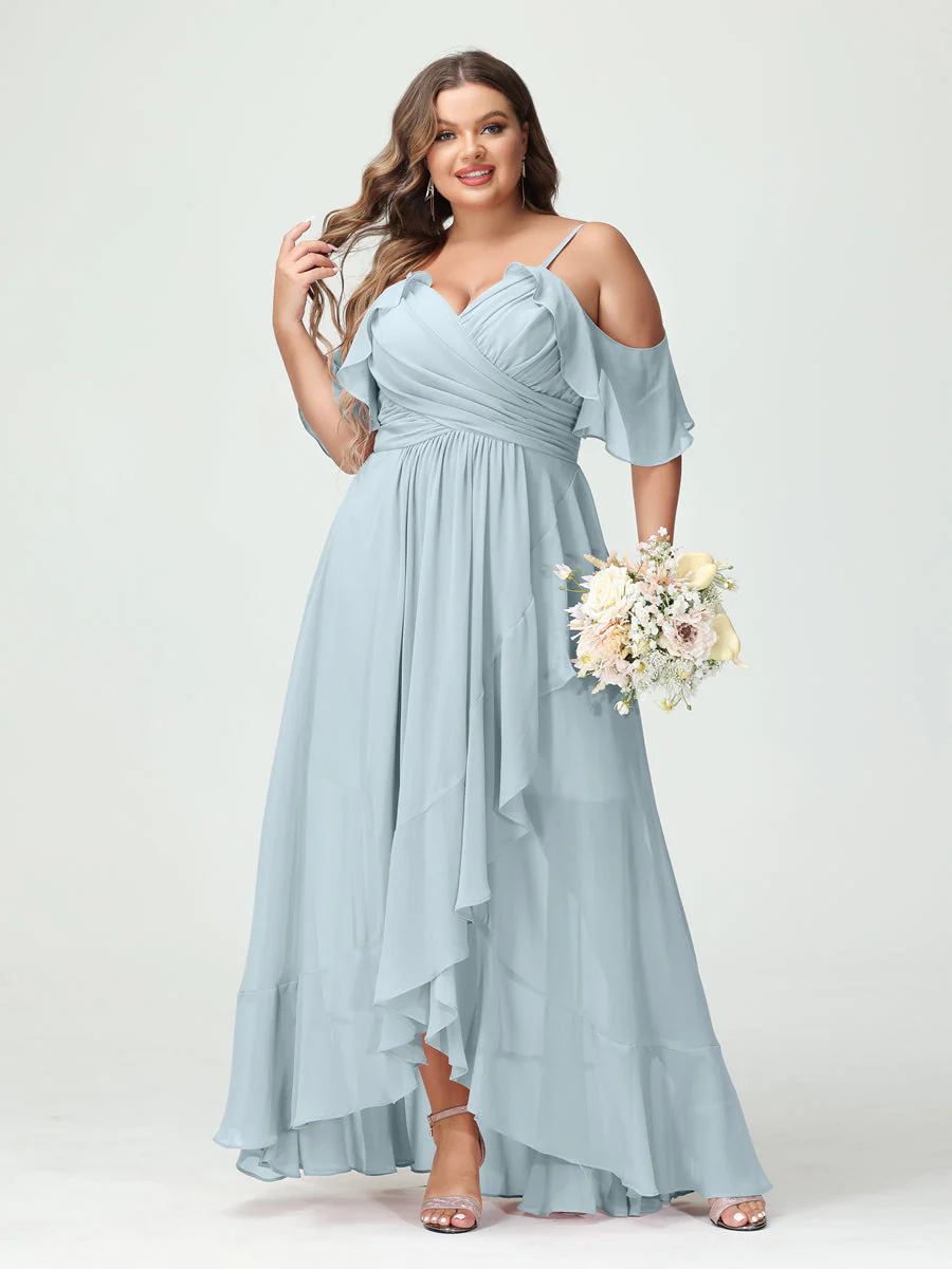 A-Line/Princess Spaghetti Straps V-Neck Short Sleeves Chiffon Asymmetrical Plus Size Bridesmaid Dresses with Ruffles - Image 48
