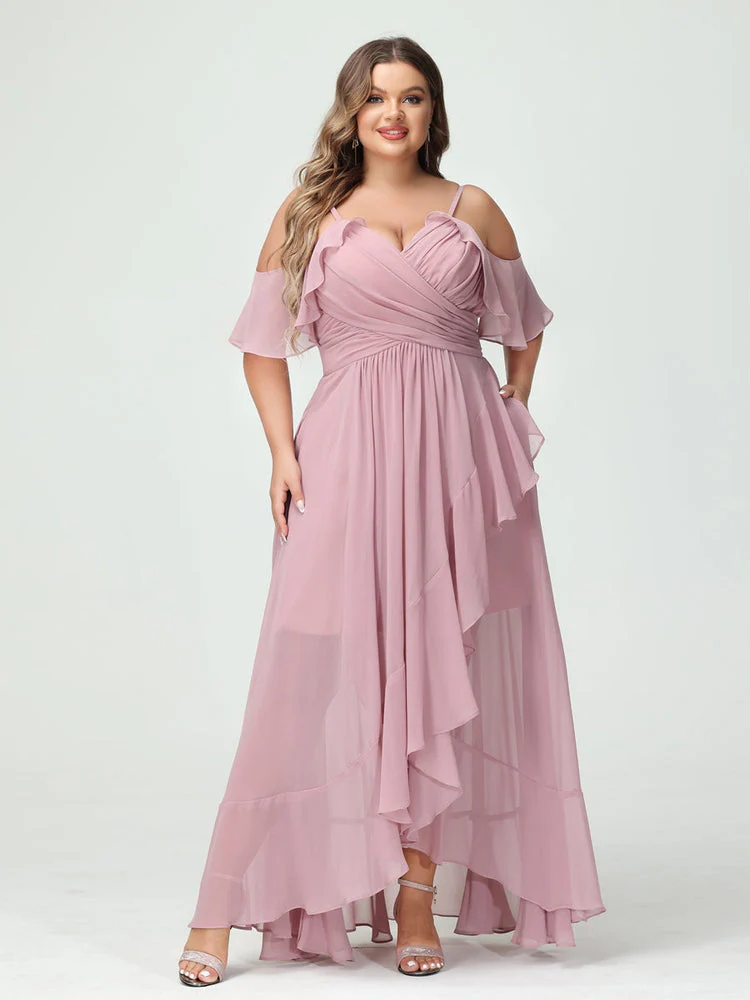A-Line/Princess Spaghetti Straps V-Neck Short Sleeves Chiffon Asymmetrical Plus Size Bridesmaid Dresses with Ruffles - Image 5