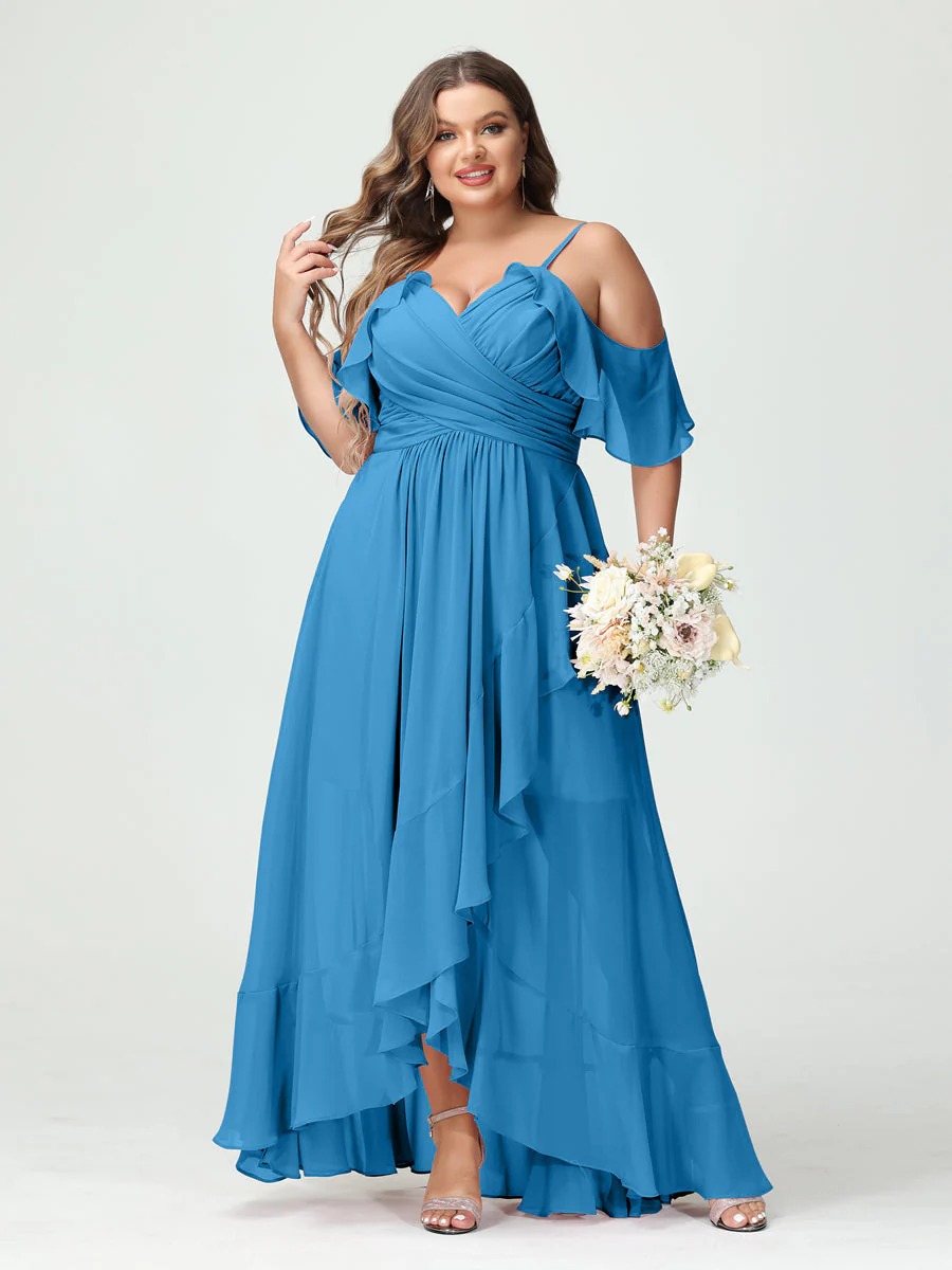 A-Line/Princess Spaghetti Straps V-Neck Short Sleeves Chiffon Asymmetrical Plus Size Bridesmaid Dresses with Ruffles - Image 54