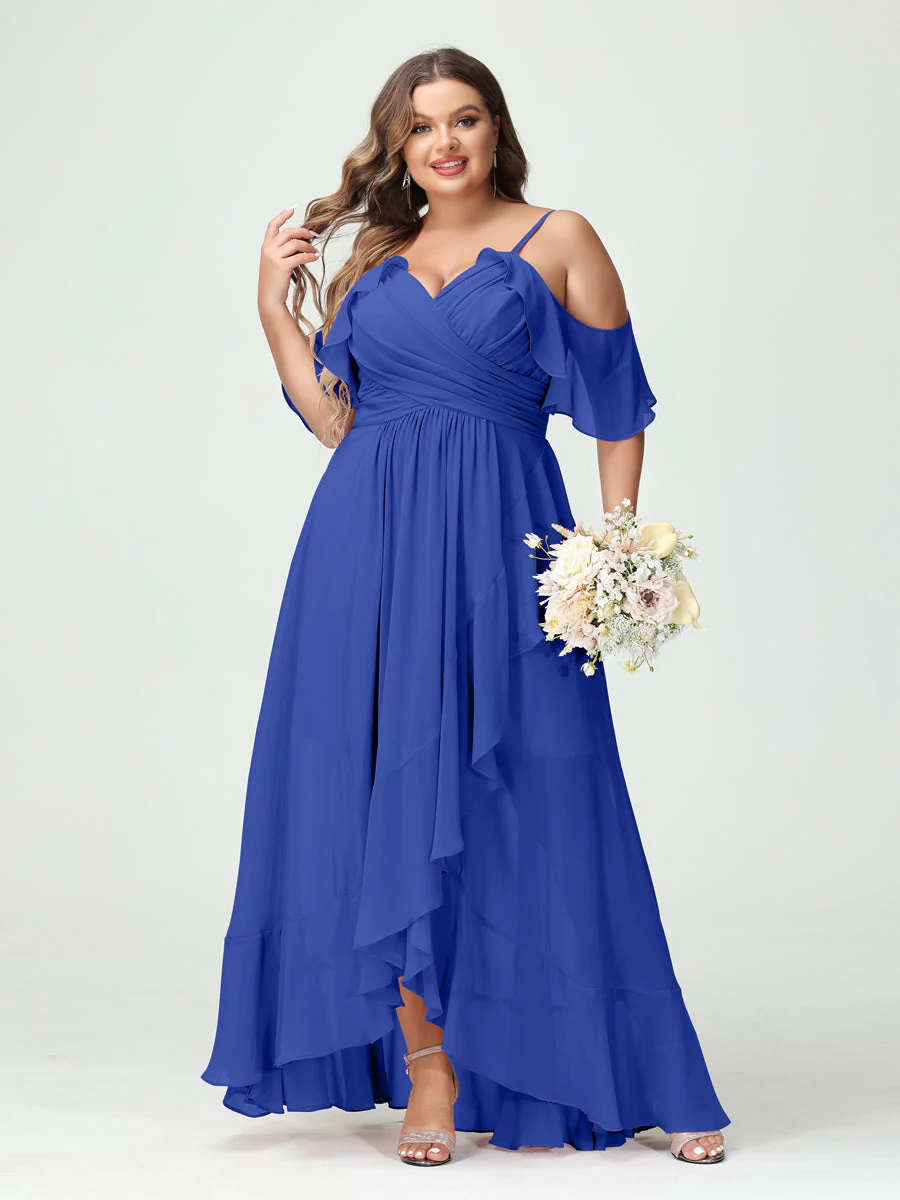 A-Line/Princess Spaghetti Straps V-Neck Short Sleeves Chiffon Asymmetrical Plus Size Bridesmaid Dresses with Ruffles - Image 55