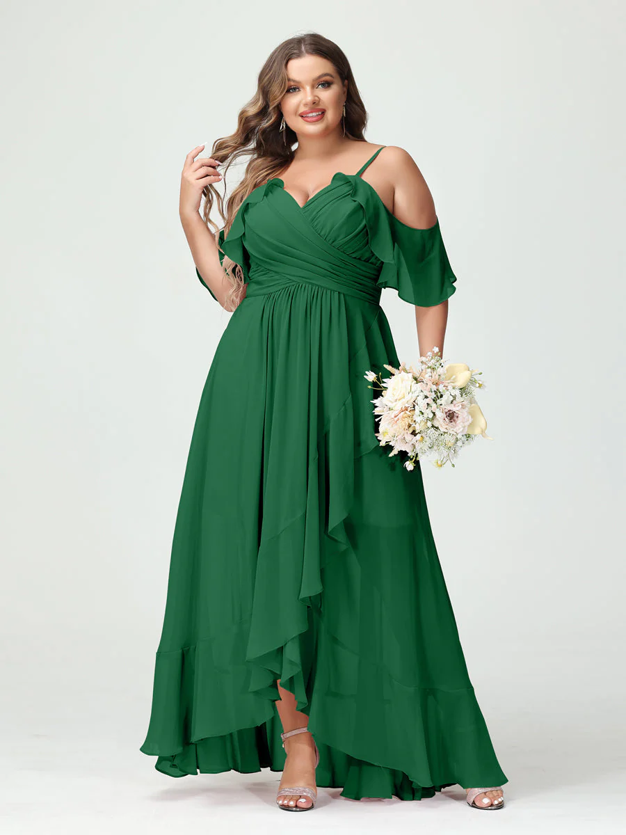 A-Line/Princess Spaghetti Straps V-Neck Short Sleeves Chiffon Asymmetrical Plus Size Bridesmaid Dresses with Ruffles - Image 68