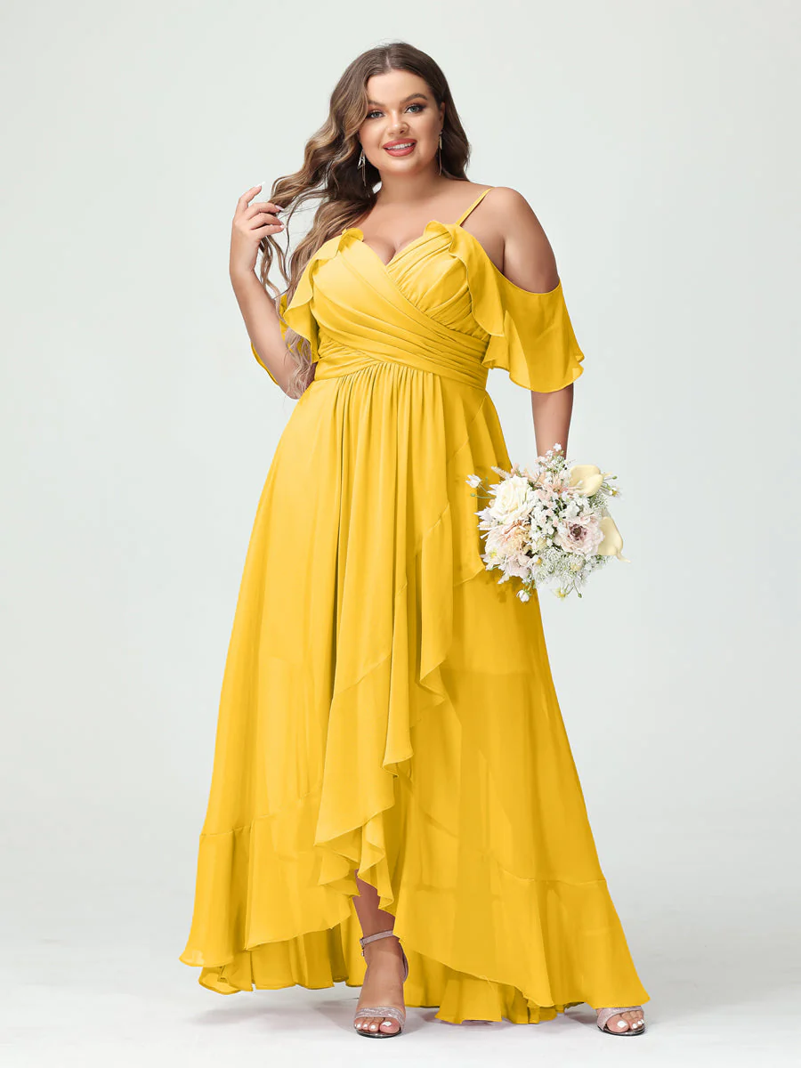 A-Line/Princess Spaghetti Straps V-Neck Short Sleeves Chiffon Asymmetrical Plus Size Bridesmaid Dresses with Ruffles - Image 72