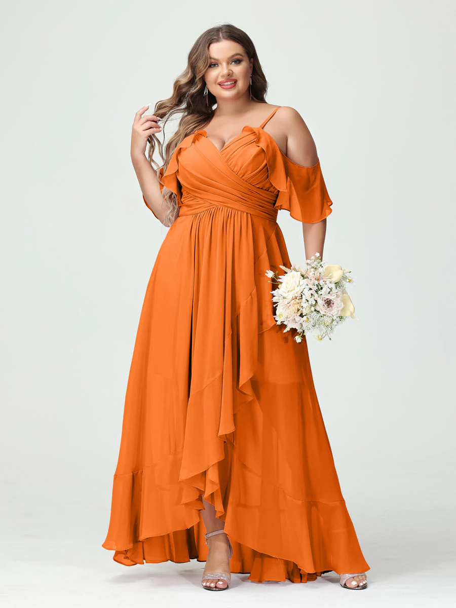 A-Line/Princess Spaghetti Straps V-Neck Short Sleeves Chiffon Asymmetrical Plus Size Bridesmaid Dresses with Ruffles - Image 73