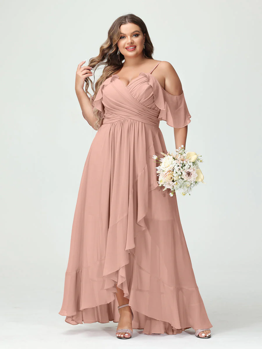 A-Line/Princess Spaghetti Straps V-Neck Short Sleeves Chiffon Asymmetrical Plus Size Bridesmaid Dresses with Ruffles - Image 8