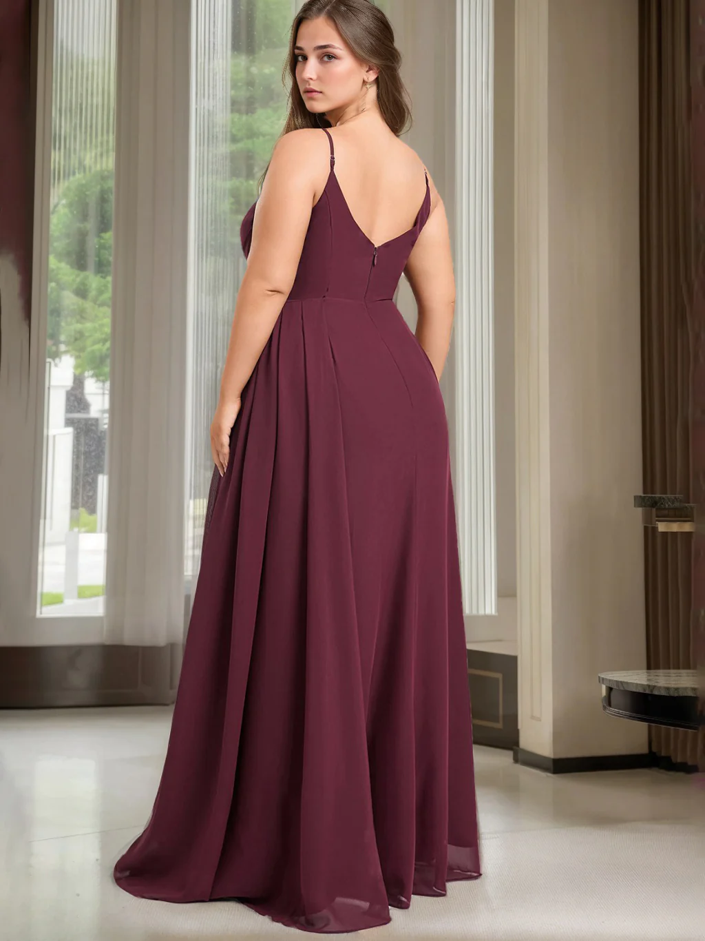 A Line/Princess Spaghetti Straps V-Neck Sleeveless Unique Plus Size Bridesmaid Dresses with Ruffles & Split Side - Image 2