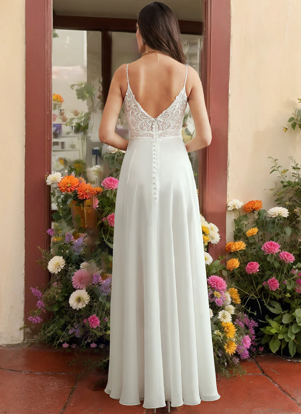 A-Line/Princess Spaghetti Straps V-Neck Sleeveless Wedding Dresses with Appliques & Split Side - Image 2