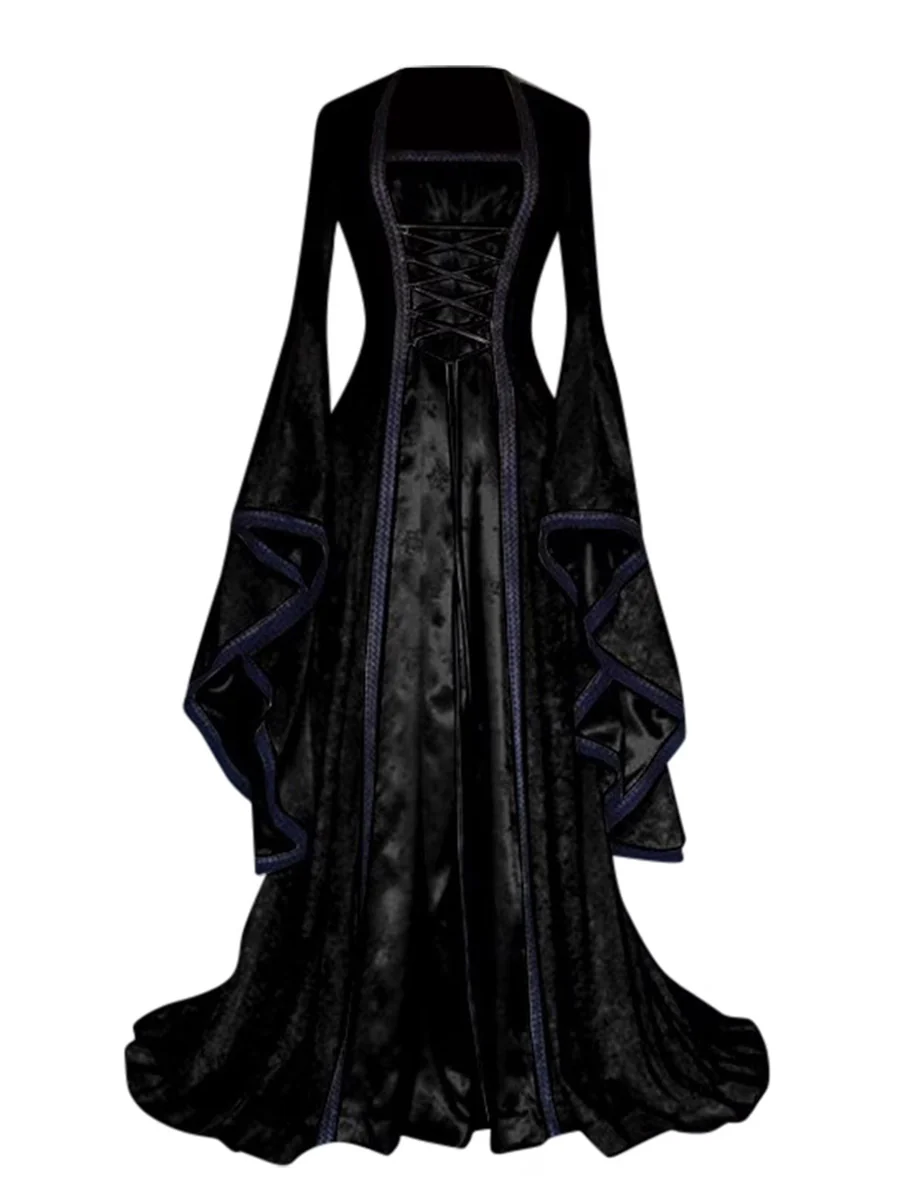 A-Line/Princess Square Bell Sleeves Long Ruffled Vintage Costume Dresses with Trims - Image 2