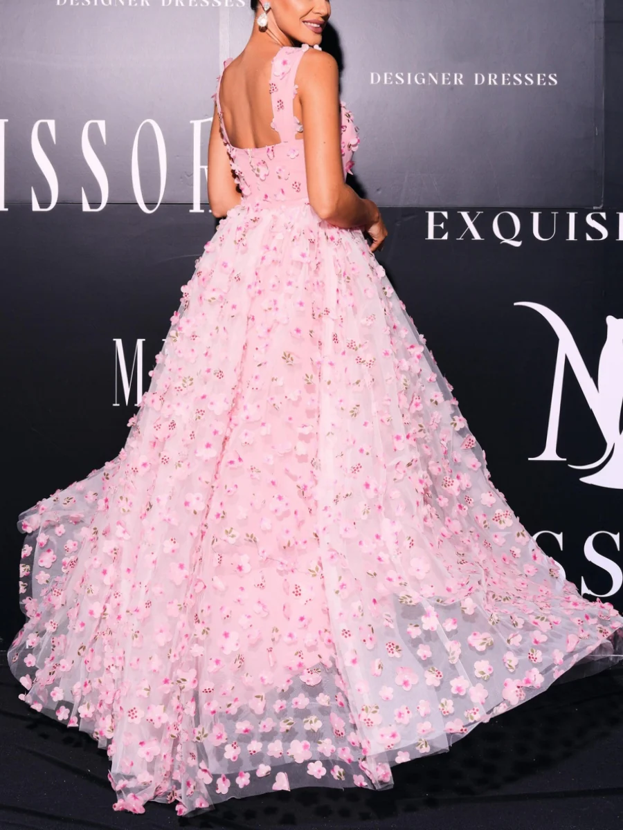 A-Line/Princess Square Collar Prom Dresses Tulle Flower Floor-Length Formal Dresses With Split Side - Image 2