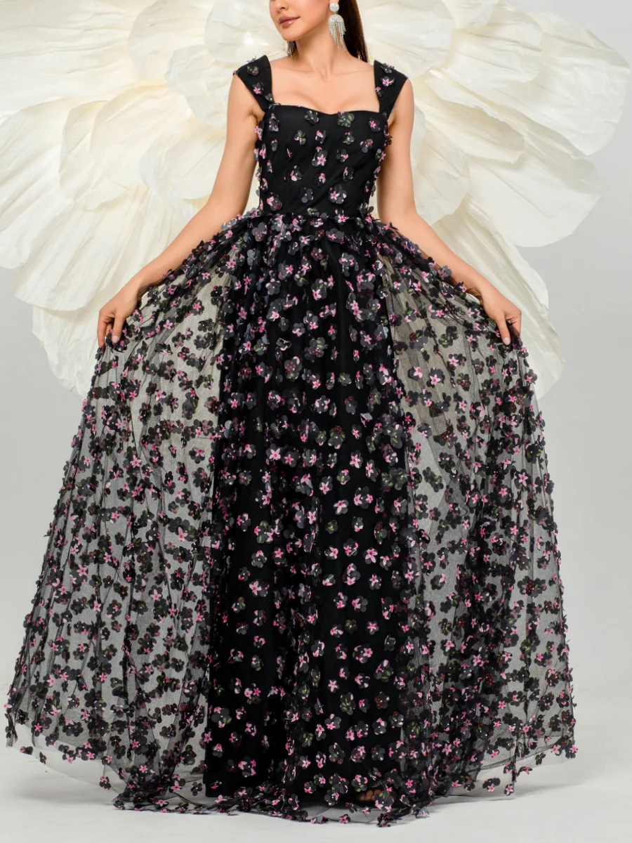 A-Line/Princess Square Collar Prom Dresses Tulle Flower Floor-Length Formal Dresses With Split Side - Image 4