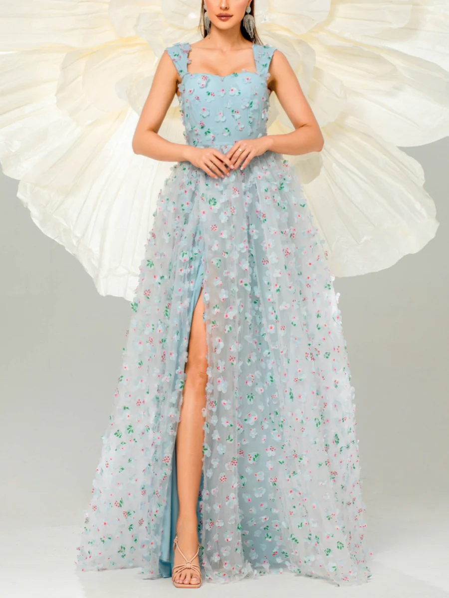 A-Line/Princess Square Collar Prom Dresses Tulle Flower Floor-Length Formal Dresses With Split Side - Image 5