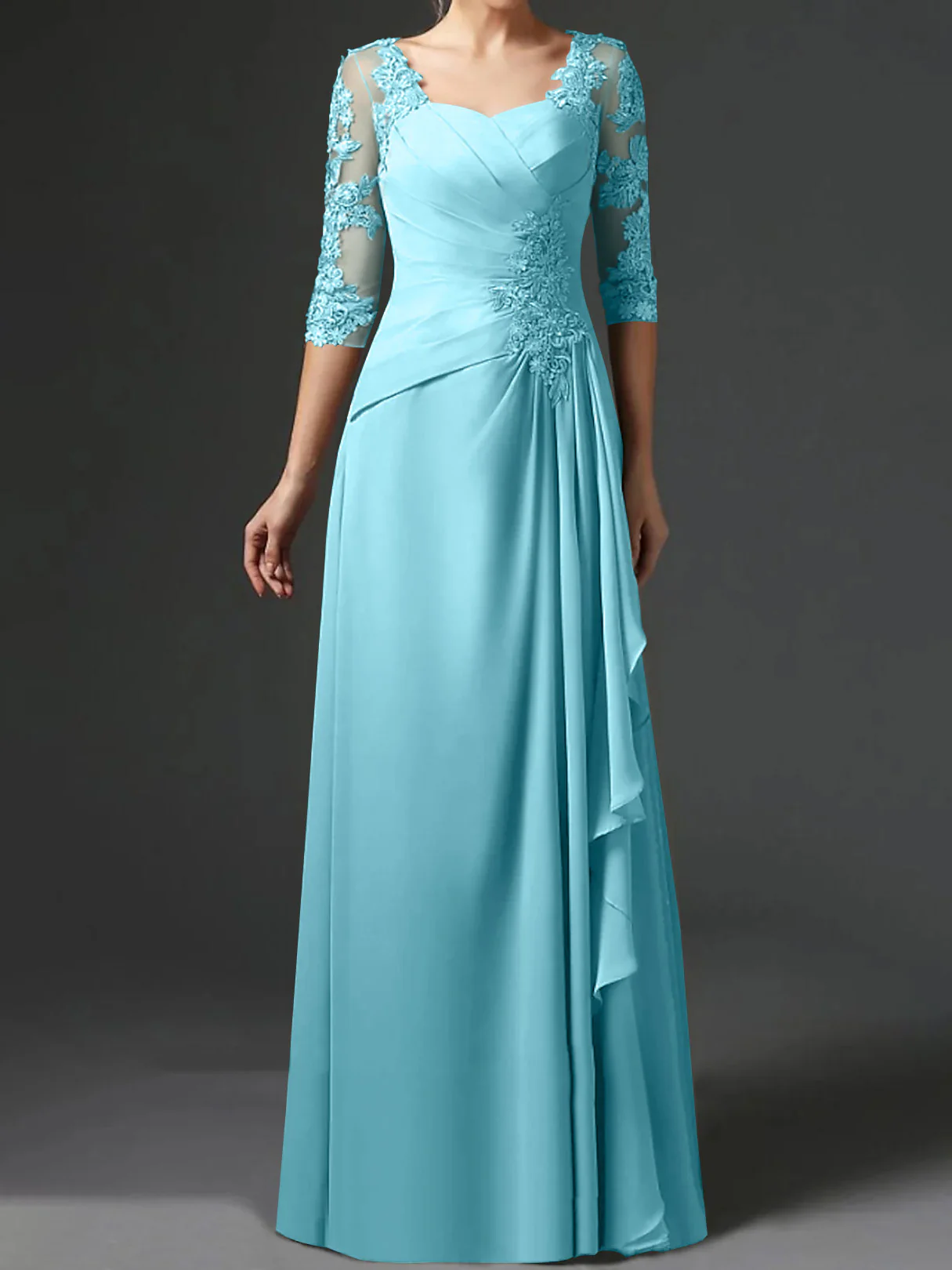 A-Line/Princess Square Neck Half Sleeves Floor-Length Mother of the Bride Dresses With Ruching - Image 5