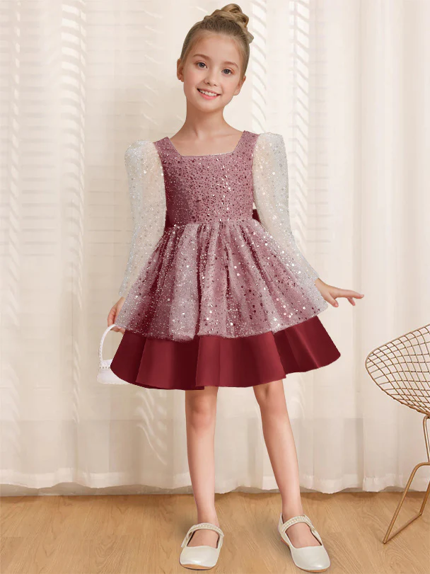 A-Line/Princess Square Neck Long Sleeves Knee-Length Flower Girl Dress with Bowknot - Image 15