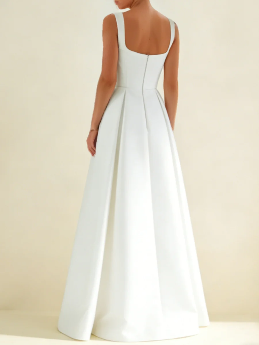 A-Line/Princess Square Neck Satin Wedding Dresses Floor-Length Sleeveless White - Image 2