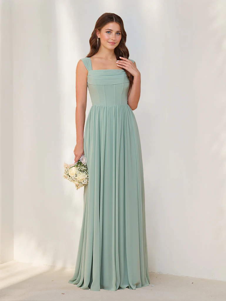 A-Line/Princess Square Neck Sleeveless Floor-Length Chiffon Bridesmaid Dresses with Pleats - Image 3