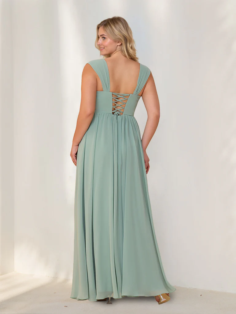 A-Line/Princess Square Neck Sleeveless Floor-Length Chiffon Plus Size Bridesmaid Dresses with Pleats - Image 2