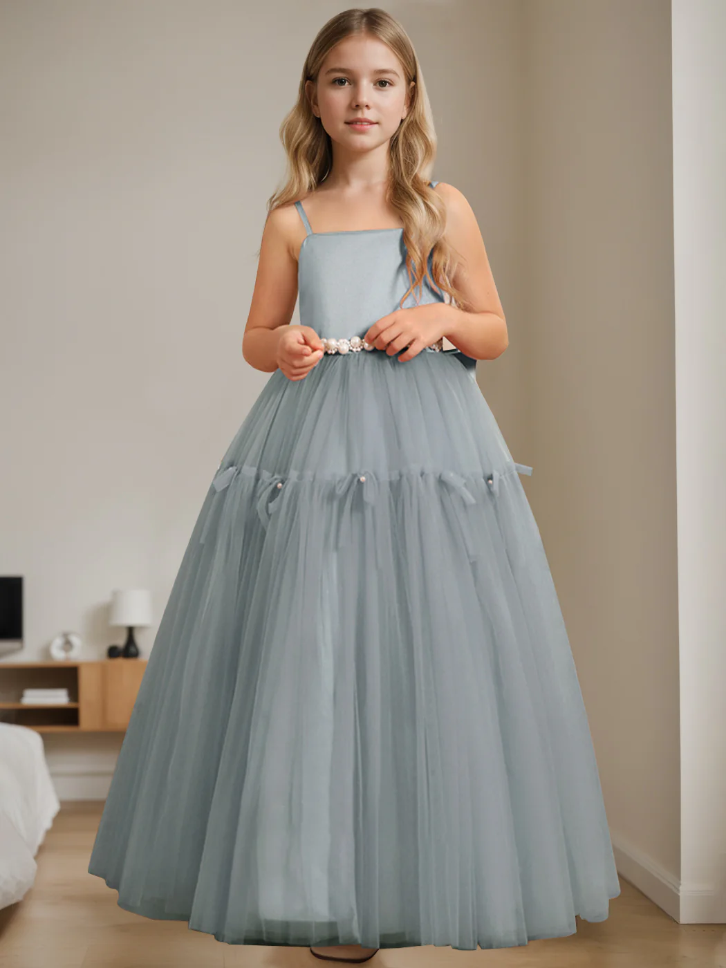 A-Line/Princess Square Neck Sleeveless Floor-Length Flower Girl Dress with Beading - Image 11