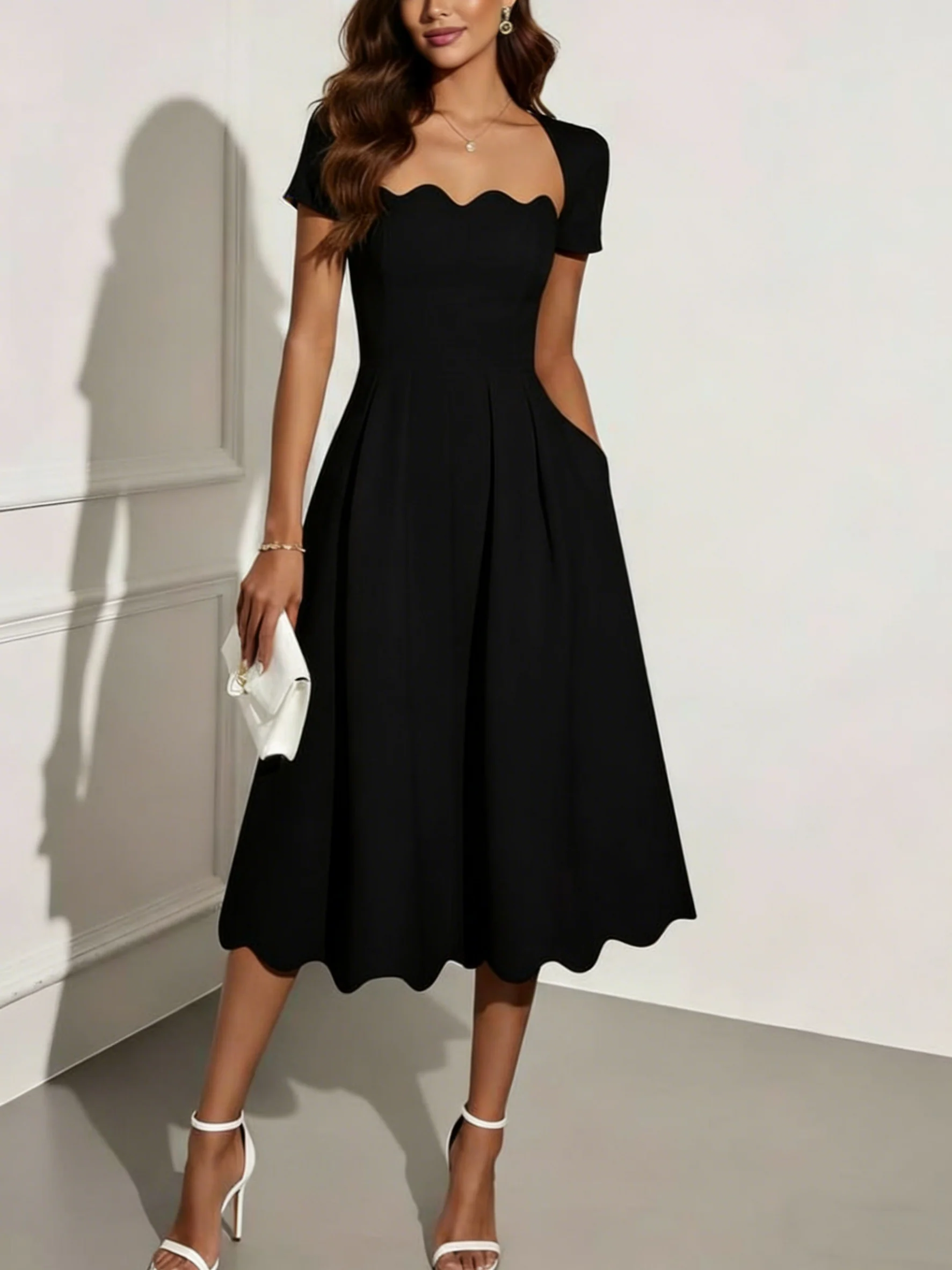 A-Line/Princess Square Neck Stretch Satin Cocktail Dresses Tea-Length Short Sleeves Pleated Formal Dresses - Image 4