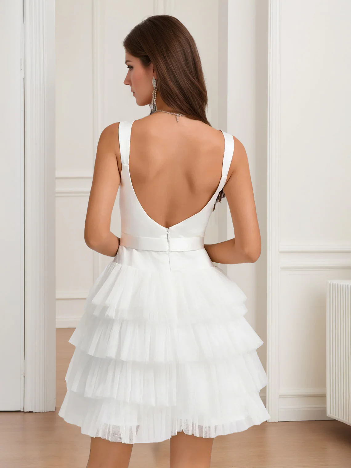 A-Line/Princess Square Neckline Backless Short/Mini Homecoming Dresses with Tiered Tulle & Bow Belt - Image 2