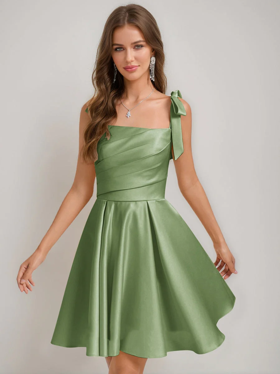 A-Line/Princess Square Pleated Mini Dresses Short Homecoming Dresses with Bow(s) - Image 19