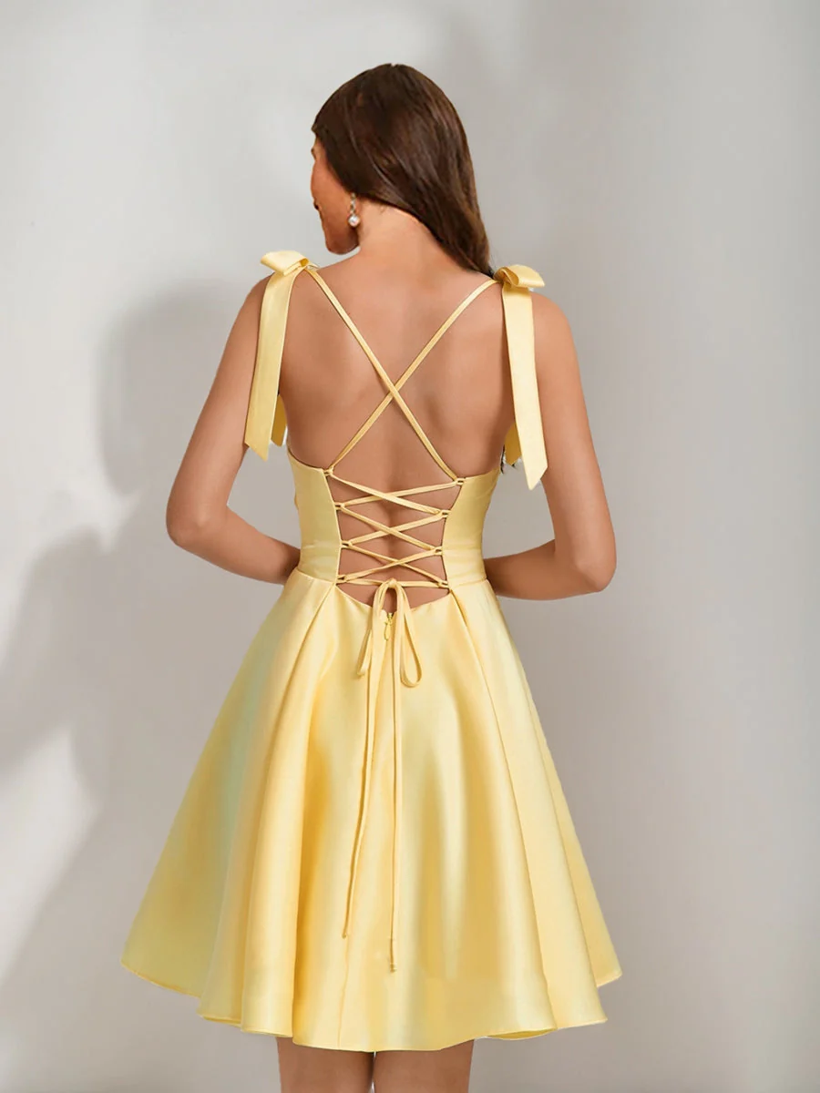 A-Line/Princess Square Pleated Mini Dresses Short Homecoming Dresses with Bow(s) - Image 2