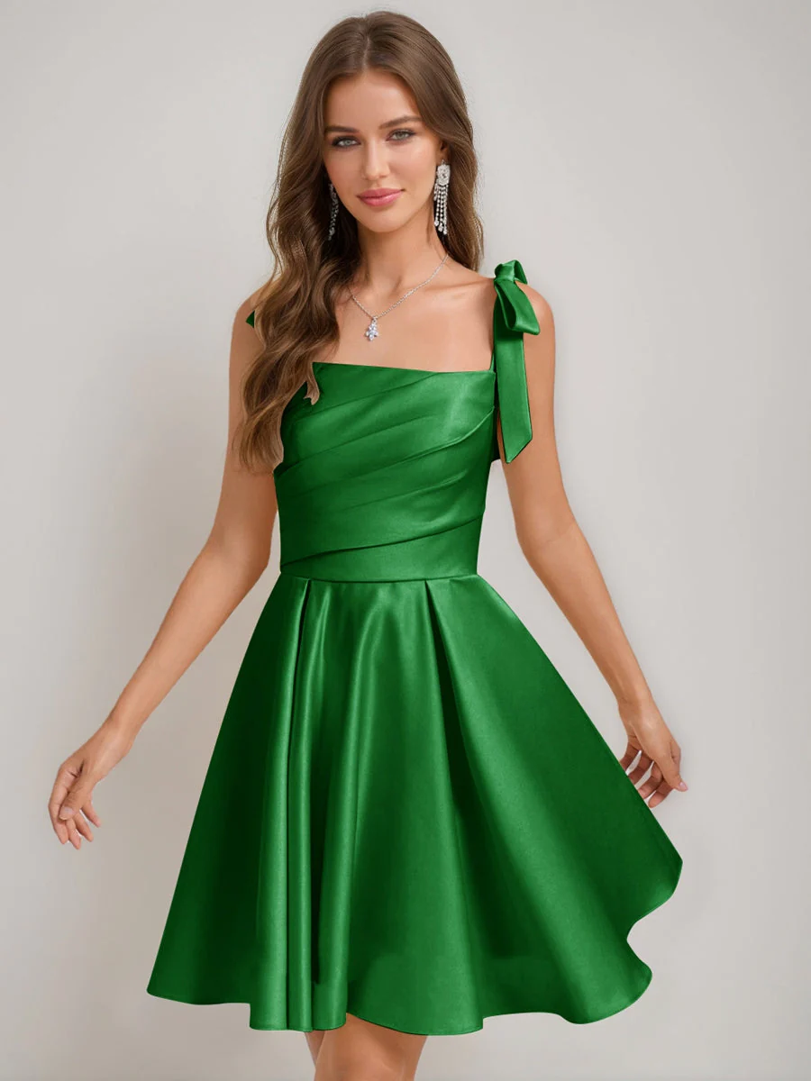 A-Line/Princess Square Pleated Mini Dresses Short Homecoming Dresses with Bow(s) - Image 27