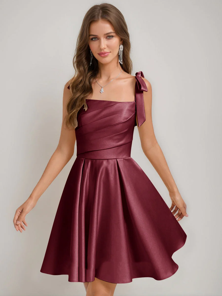 A-Line/Princess Square Pleated Mini Dresses Short Homecoming Dresses with Bow(s) - Image 32