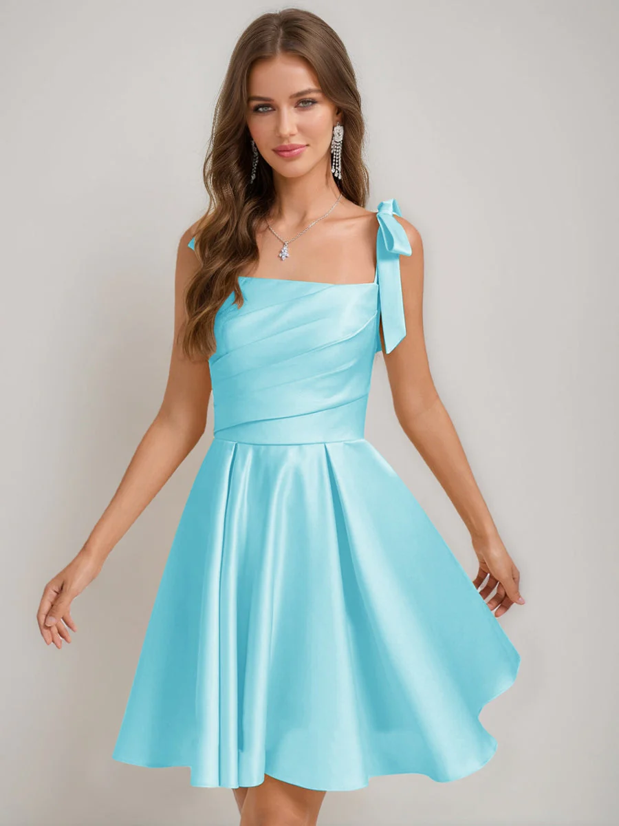 A-Line/Princess Square Pleated Mini Dresses Short Homecoming Dresses with Bow(s) - Image 37