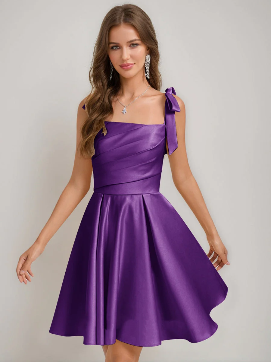 A-Line/Princess Square Pleated Mini Dresses Short Homecoming Dresses with Bow(s) - Image 54