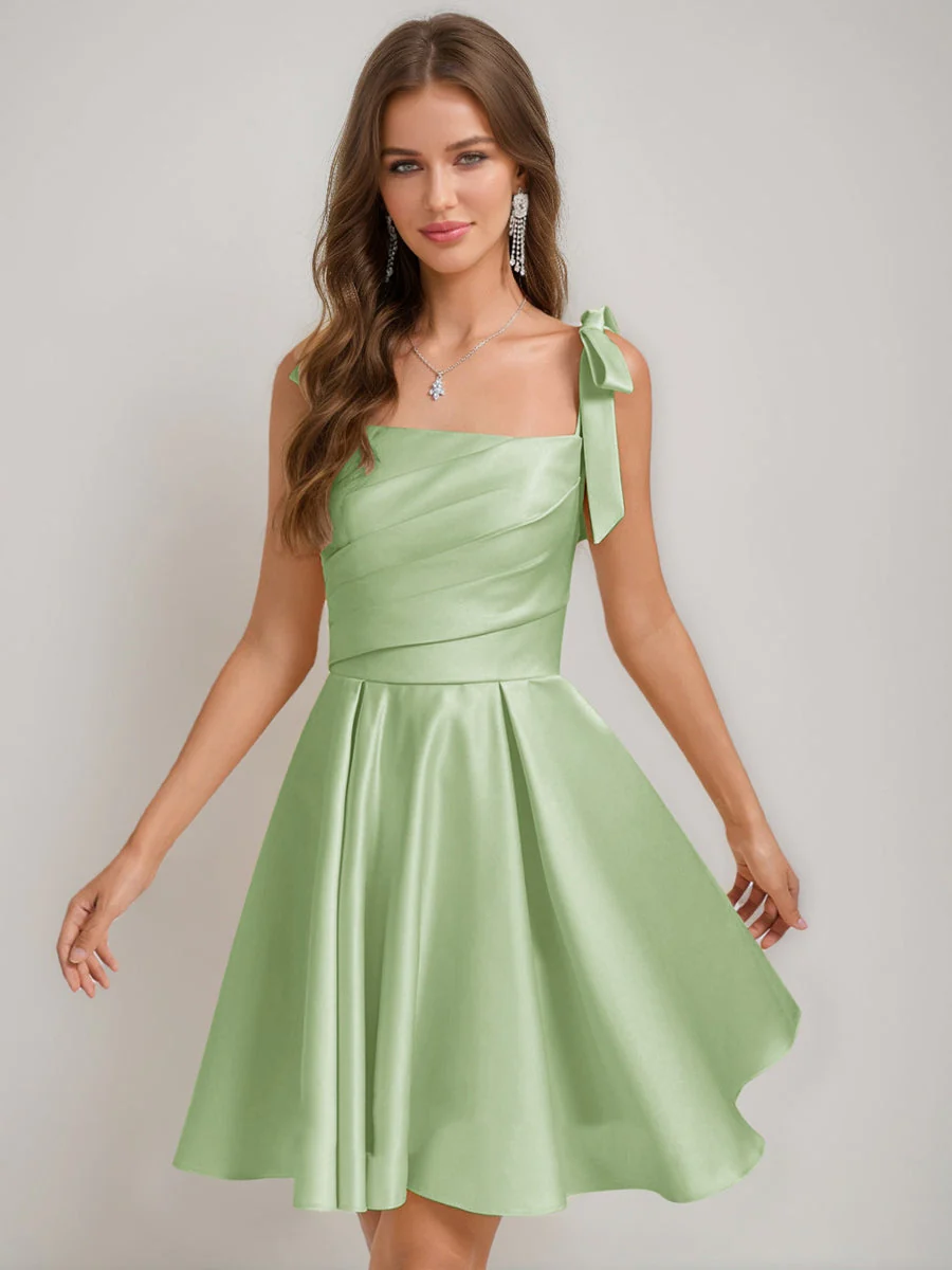 A-Line/Princess Square Pleated Mini Dresses Short Homecoming Dresses with Bow(s) - Image 58