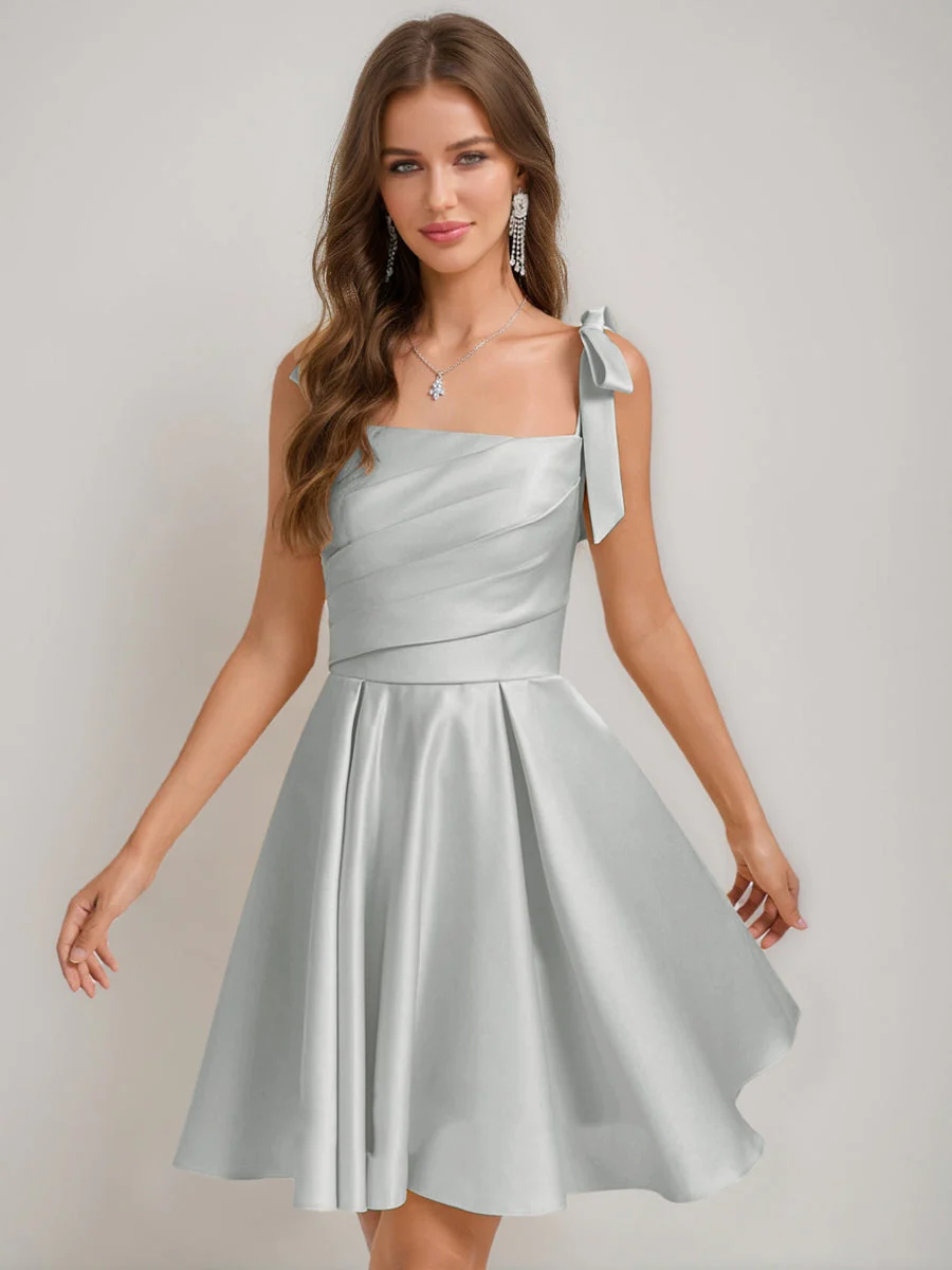 A-Line/Princess Square Pleated Mini Dresses Short Homecoming Dresses with Bow(s) - Image 60