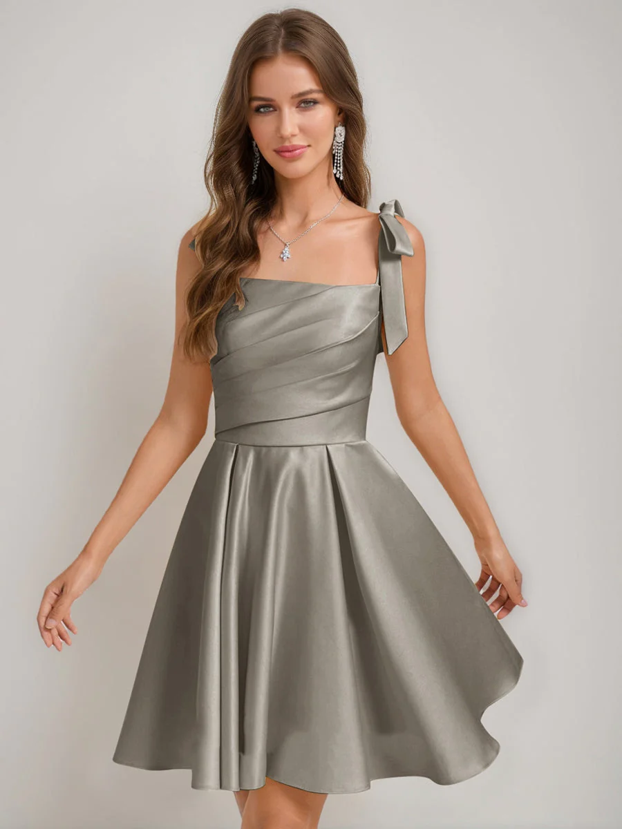 A-Line/Princess Square Pleated Mini Dresses Short Homecoming Dresses with Bow(s) - Image 66