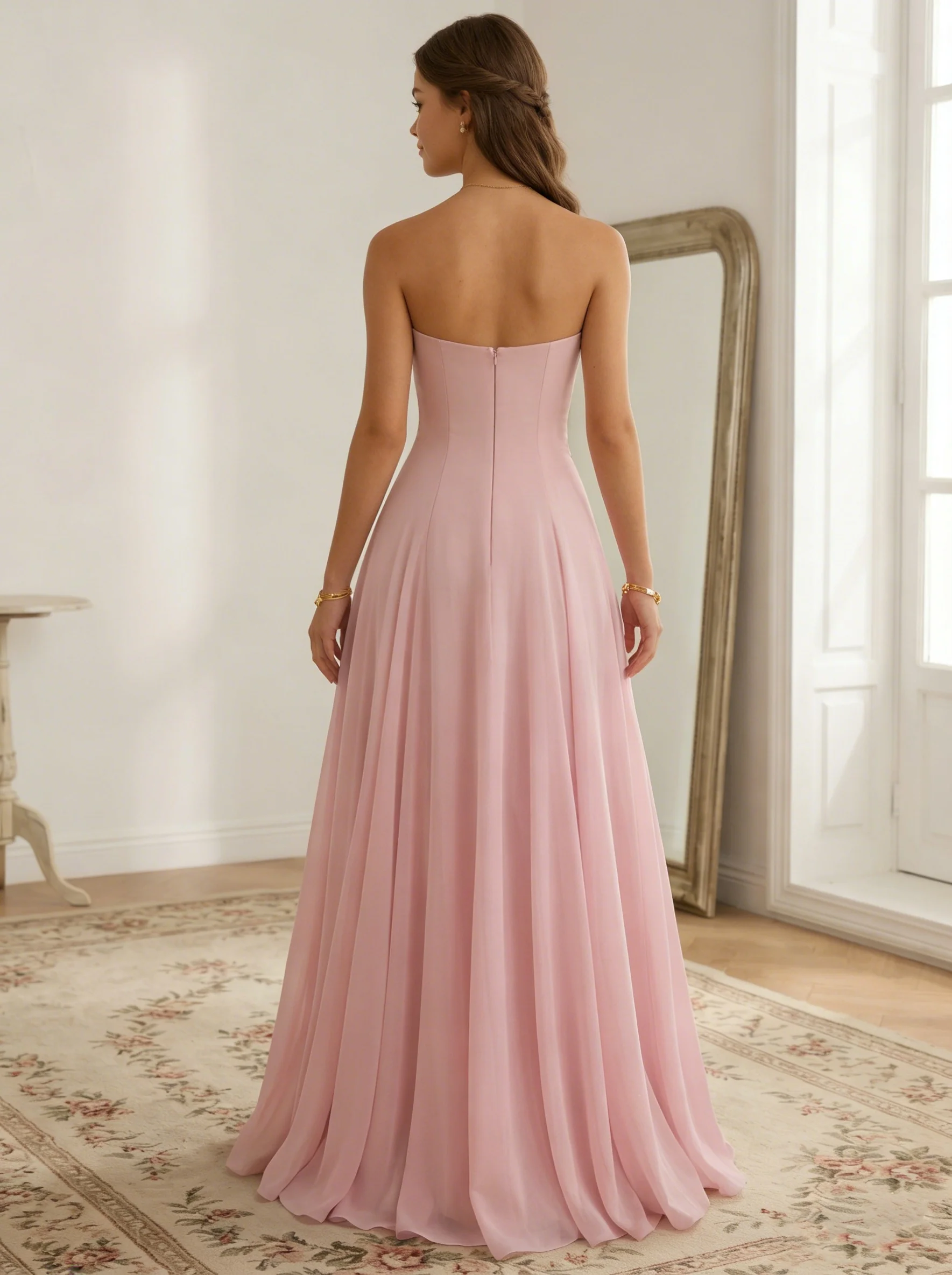 A-Line/Princess Strapless Chiffon Prom Dresses Lace Floral Floor-Length Sleeveless - Image 2