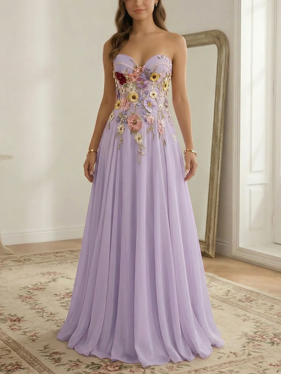 A-Line/Princess Strapless Chiffon Prom Dresses Lace Floral Floor-Length Sleeveless - Image 3