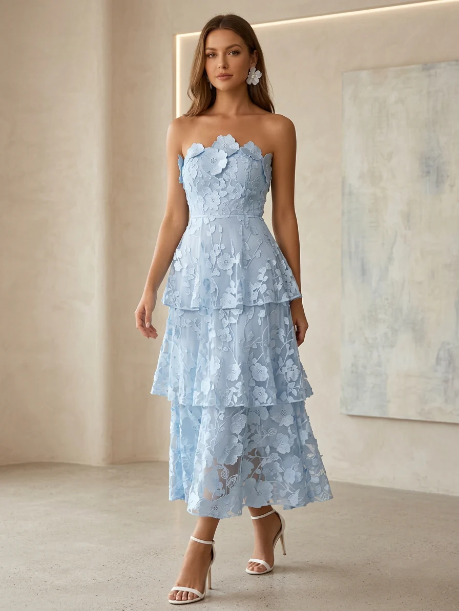 A-Line/Princess Strapless Lace Cocktail Dresses Tea-Length Sleeveless Ruffles Floral Formal Dresses