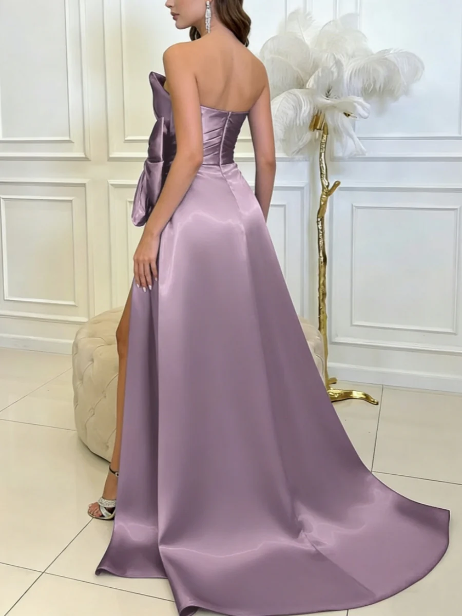 A-Line/Princess Strapless Liquid Satin Prom Dresses With Split Front Sleeveless Sweep Train Floor-Length Bow Formal Dresses - Image 2