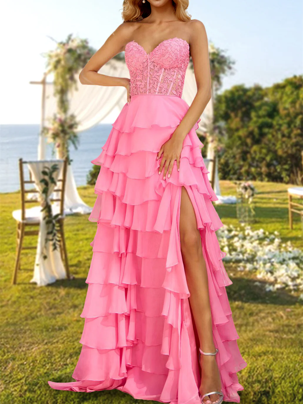 A-Line/Princess Strapless Long Prom Dresses with Sequins Evening Party Dresses & Split Side