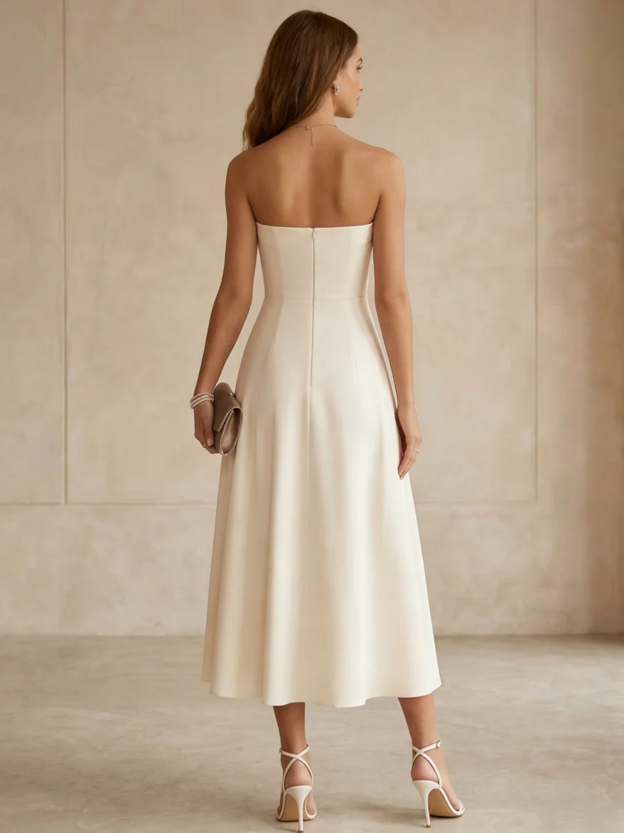 A-Line/Princess Strapless Satin Cocktail Dresses Little White Dresses Tea-Length Sleeveless Floral Graduation Dress - Image 2