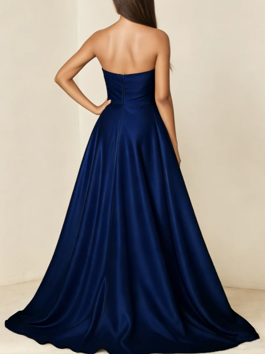 A-Line/Princess Strapless Satin Evening Dresses Sleeveless Floor-Length Formal Dress High Split with Bow - Image 2