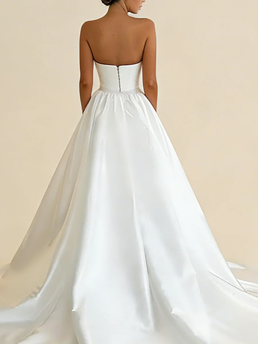 A-Line/Princess Strapless Satin Wedding Dresses Floor-Length Sweep Train Ball Gown Ruffles - Image 2