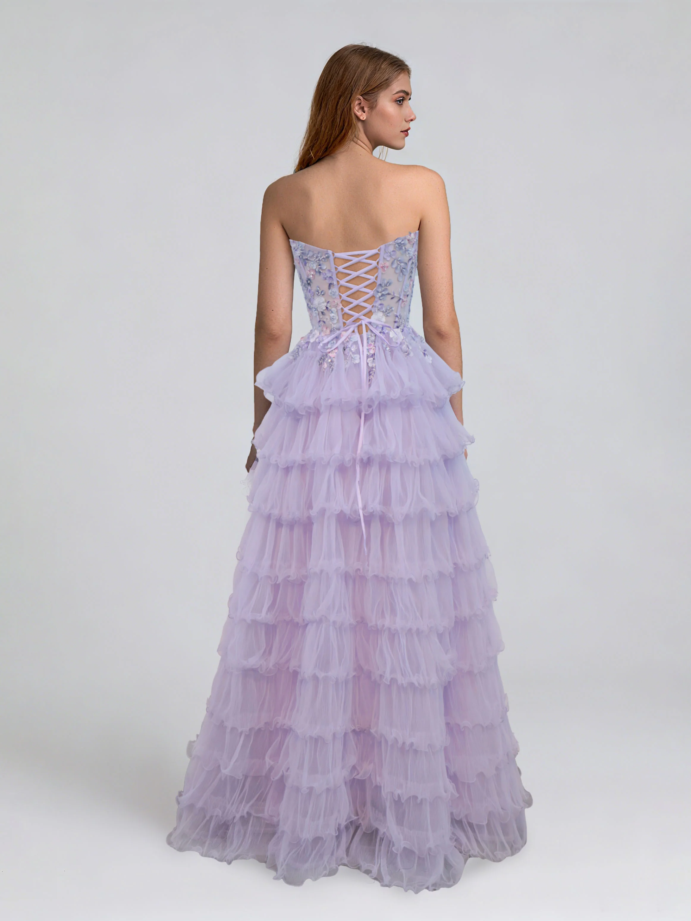 A-Line/Princess Strapless Sleeveless Evening Dresses with 3D Flowers & Tiered Tulle & Lace-up - Image 2
